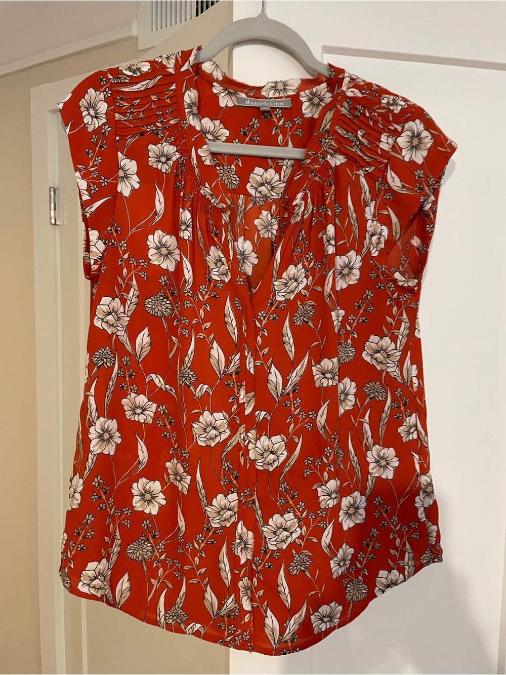 Daniel Rainn Red Floral Cap Sleeve Blouse with White Accents